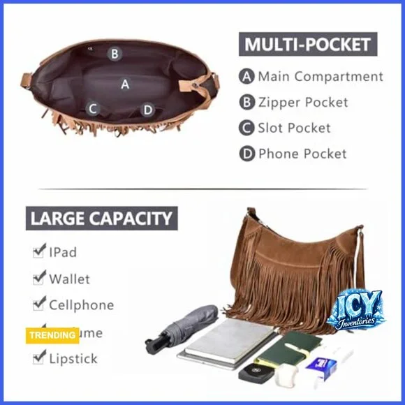 Vegan Suede Hobo Bag with Fringe Tassel Crossbody Shoulder Purse - Picture 3 of 7